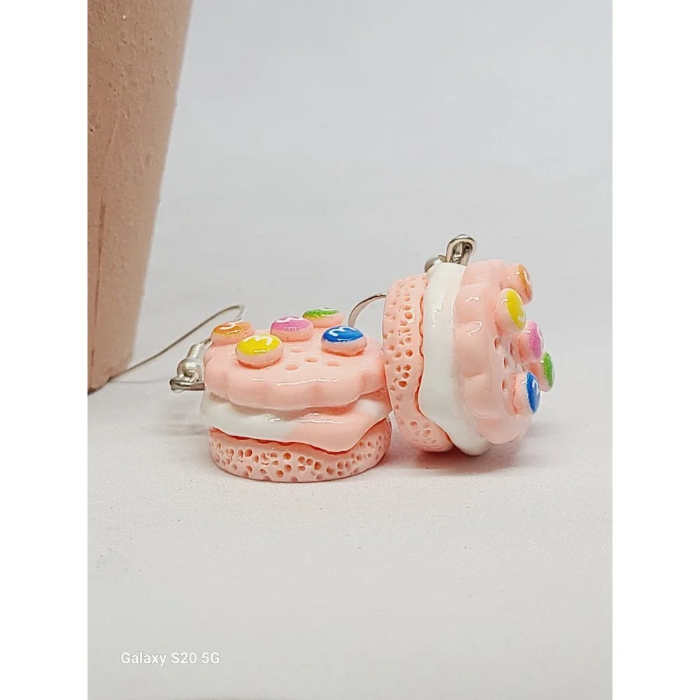 Handmade‎ Pink Sandwich Cookie Drop Earrings Food Jewelry Candy Accents